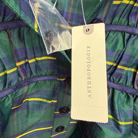 Maeve The Leandra Taffeta Shirred Yoke Blouse | Green Multi Plaid Size Small - Picture 6 of 9